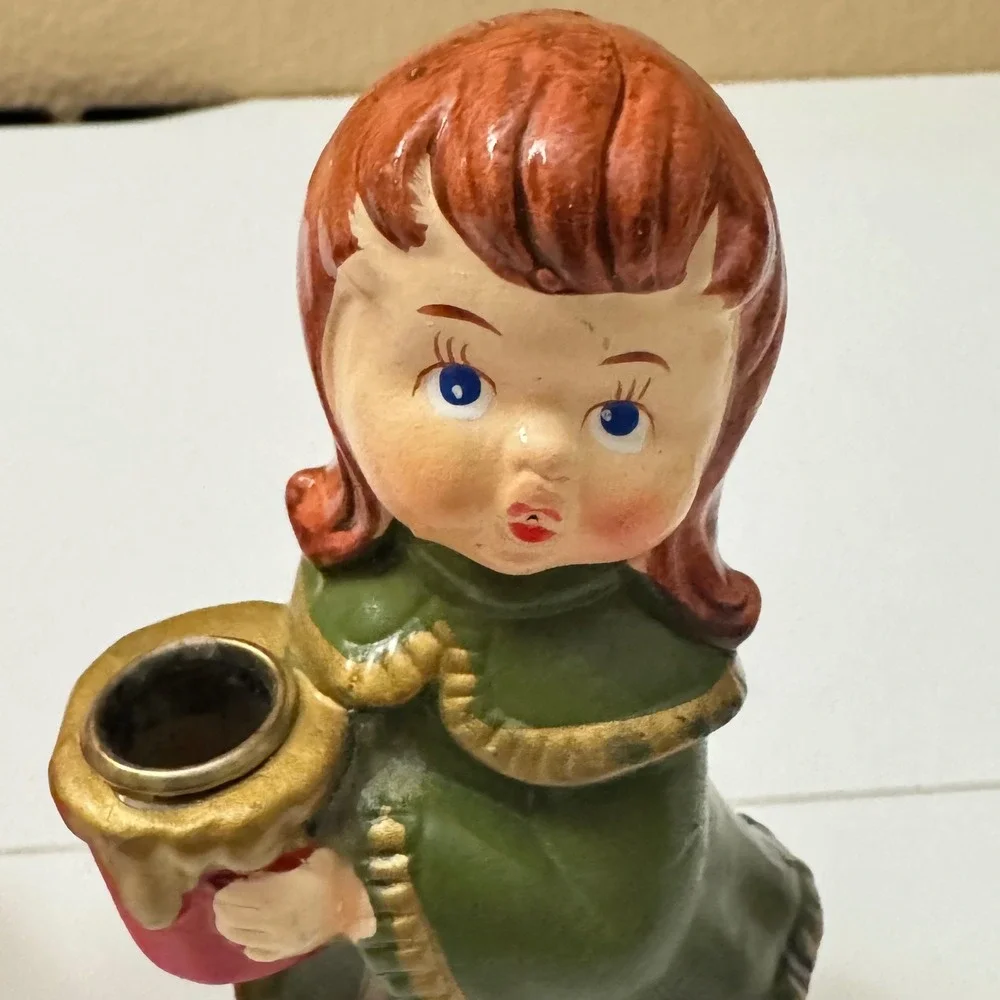 Vintage Star Japan Christmas Choir Boy Girl Candle Holders  Hand Painted 1950's
